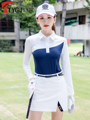 特賣-秋冬新款 高爾夫球服裝 女士長袖T恤衫 撞色翻領運動上衣球服