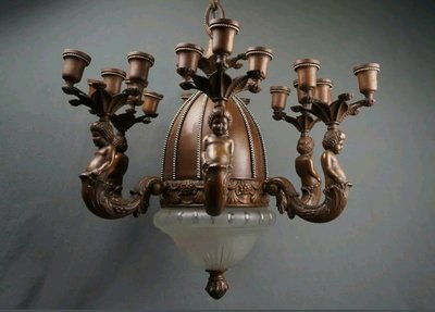 【波賽頓-歐洲古董拍賣】歐洲/西洋古董 法國古董 拿破崙三世風格 銅雕天使吊燈/燭台E14x18+ E27x2燭台燈