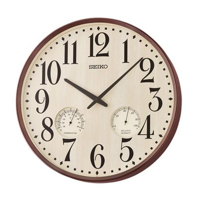 SEIKO CLOCK 精工可可色古典古樸仿木紋面阿拉柏數字刻兩針溫度濕度掛鐘 型號：QXA783B【神梭鐘錶】