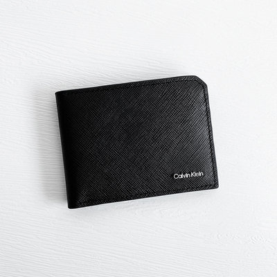 美國百分百【全新真品】Calvin Klein 皮夾 logo 真皮 錢包 CK 短夾 證件夾 專櫃精品 黑色 CF81