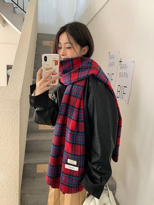 ins韓版2022新款綠色格子紅圍巾女冬季保暖百搭披肩時尚韓系圍脖