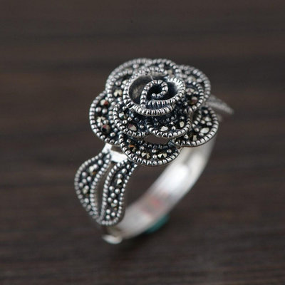 戒指純銀玫瑰花戒指鑲鑽花朵指環復古S925銀鑲嵌馬克賽石銀飾女開口