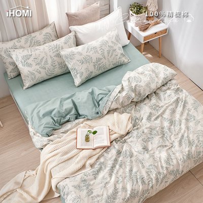 《iHOMI》台灣製 100%精梳棉雙人四件式舖棉兩用被床包組-杉樹之夏 床包 雙人 精梳棉