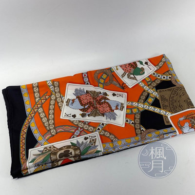 HERMES 愛馬仕 黑邊橘底撲克牌絲巾 90x90 twilly 精品 配件 領巾 頭巾 飾品 綁帶