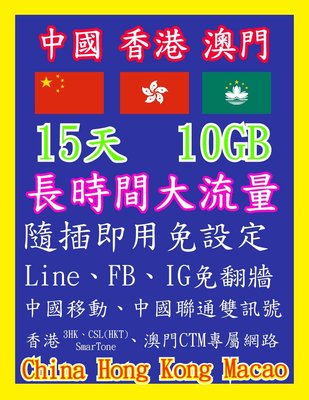 中國網卡 香港網卡 澳門網卡 15天10GB 高速4G上網 流量用完斷網 隨插即用 免翻牆 中國 香港 澳門 中港澳