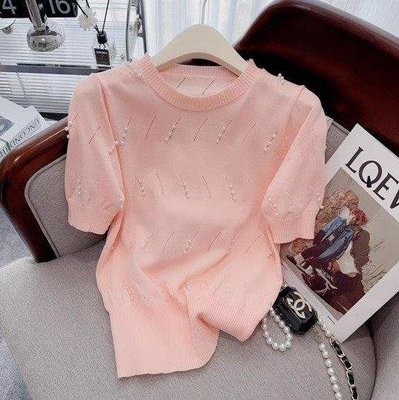 新品特價 韓國時尚氣質圓領純色重工鏤空釘珠針織上衣