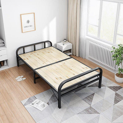 現貨 折疊床實木床板家用簡易雙人午睡陪護床鐵架加固小單人床出租房床-熱銷可開發票