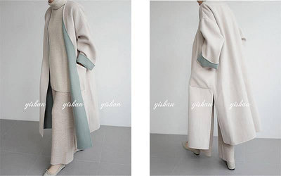 韓國精品 羊絨手工外套 有口袋 米灰色雙拼色 長大衣