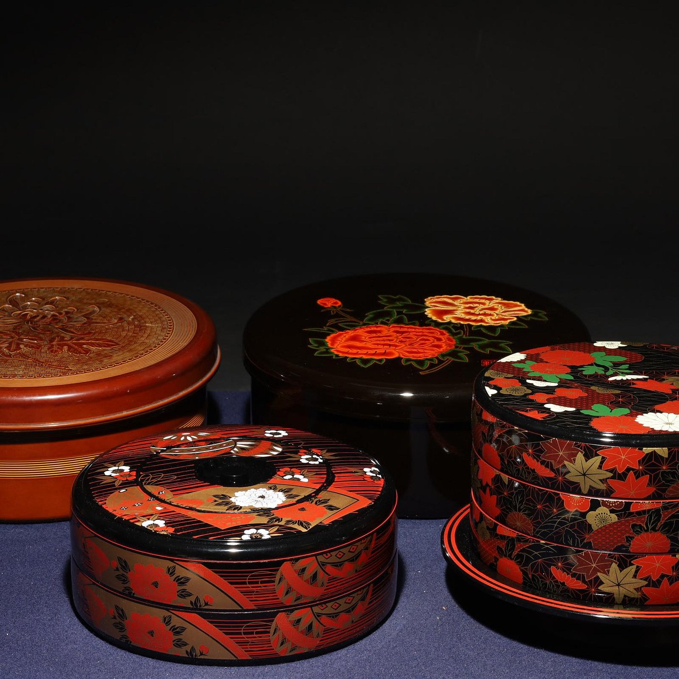 3/10結標日本高級漆器重箱茶餅盒茶櫃四件D030043 -漆碗漆盤漆盒茶箱 
