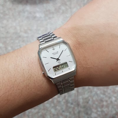 特殊錶款 ☆ 雙時區 ☆ ＜日本帶回＞漂亮 TELUX TQ 男錶 大錶徑方型錶 3.1/18.5 石英錶 電子錶 漂亮老錶 A2