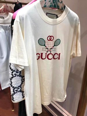 【BLACK A】精品 GUCCI 2019 復古網球拍刺繡短袖T恤 米白色