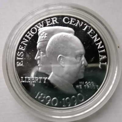 現貨熱銷-【紀念幣】美國銀幣1990年1美元高銀鏡面精制銀幣(艾森豪威爾百年華誕)原殼