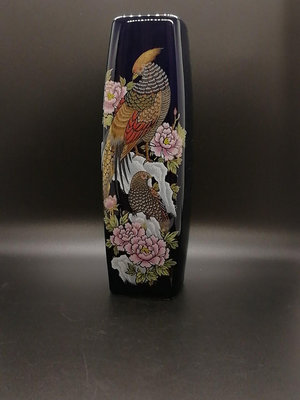 日本名窯九谷燒 鈷藍牡丹錦雞花瓶  日