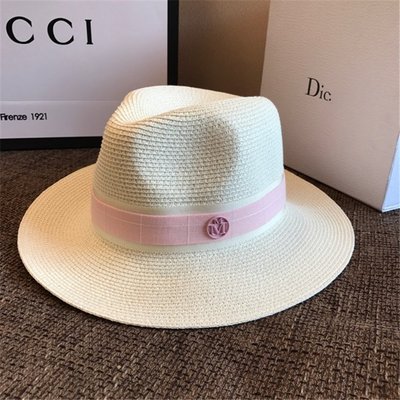 熱銷 日本定制雙M字草帽子女  經典春夏M標粉色絲帶新款爵士草帽遮陽帽