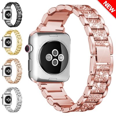 蘋果手表表帶 Apple Watch5/4/3/2/1代表帶金屬不銹鋼鑲鑽 iwatch通用替換表帶 22mm快拆錶帶