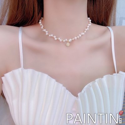 paint’「西洋女爵」法式復古天然淡水珍珠choker設計感金幣鎖骨鏈簡約輕奢氣質項鍊女-心緣