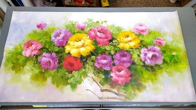 『府城畫廊-手繪油畫』牡丹花－花開富貴－75x150－(會繃內架，可吊掛)－有實體店面，我們店有在裱框－C189
