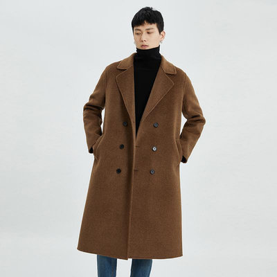 100%純羊毛大衣外套男士秋冬新款西裝領雙排扣側兜正韓寬松雙面呢