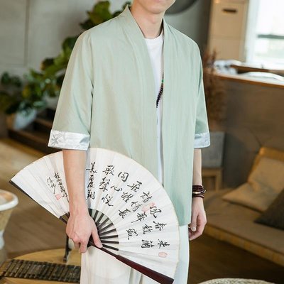 龍紋袖子亞麻茶服道袍男夏季薄款中國風男裝改良漢服佛系短袖外套