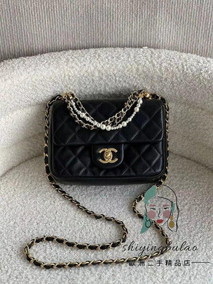 歐洲二手 Chanel 香奈兒 24P 黑色金扣小號珍珠方胖子