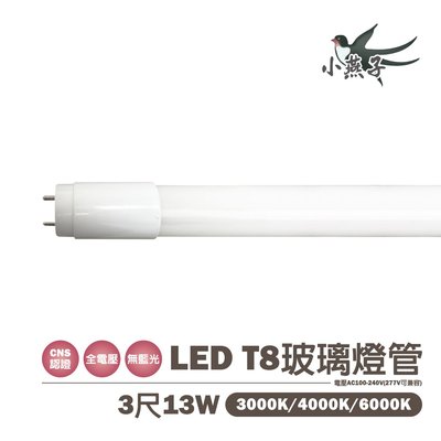 🚚【雙端入電】小燕子 T8 LED燈管 3尺 玻璃管 白光/黃光/自然光 替代傳統T8燈管 恕不零售