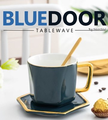 BlueD_ 藍綠色 金邊 400ML 咖啡杯 杯盤組 大容量 杯碟 咖啡碟 下午茶杯 孔雀藍 奢華設計 網美風 IG款