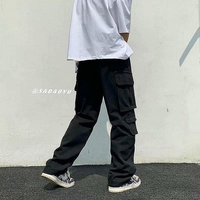 【熱賣精選】S-3XL 黑色/白色口袋工裝褲男士素色工裝褲寬鬆直筒運動褲韓國時尚