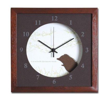 日本進口 日本製木框方型壁鐘 刺蝟圖案牆鐘壁掛鐘時鐘 靜音鐘 鐘錶 2282A
