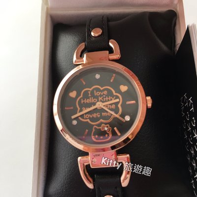 [Kitty 旅遊趣] Hello Kitty 手錶 凱蒂貓手錶 水鑽 黑色錶帶 生日禮物 聖誕禮物