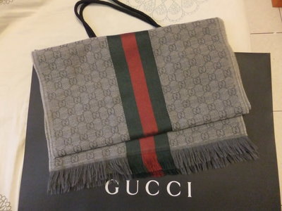 Gucci 深灰色 綠紅綠 logo 羊毛 圍巾