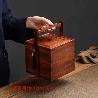 特賣-手工竹編雙層食盒提籃野餐收納竹籃子中式復古茶具竹提箱茶箱提盒
