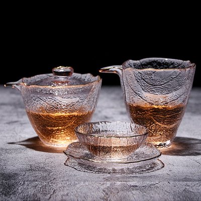 中式甩制金邊玻璃茶具套裝創意手工錘目紋功夫茶杯耐熱加厚品茗杯