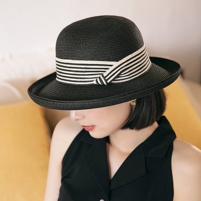 遮陽帽女夏天法式卷邊草帽英倫復古黑色防曬帽薄款可折疊太陽帽子精品 促銷 正品 夏季