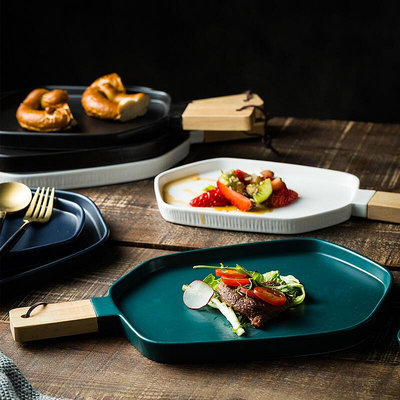 北歐個性木把盤子創意陶瓷西餐盤西式餐具牛排餐盤家用餐盤
