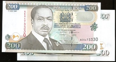 KENYA（肯亞紙幣），P38，200-Shilling，1997，品相全新UNC