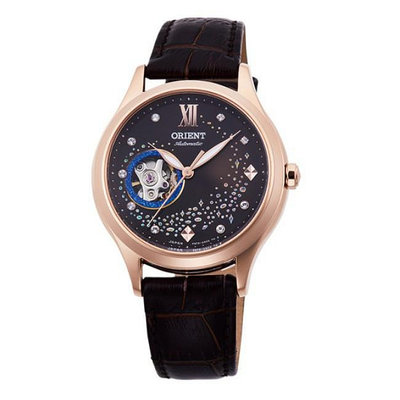 「官方授權」ORIENT東方錶 女藍月奇蹟鏤空機械錶 皮帶款 咖啡色 RA-AG0017Y