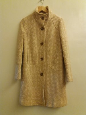日本製 設計師品牌A/T 羊毛 毛料 毛呢料 金蔥中長版保暖 挺版米駝色雜花大衣外套