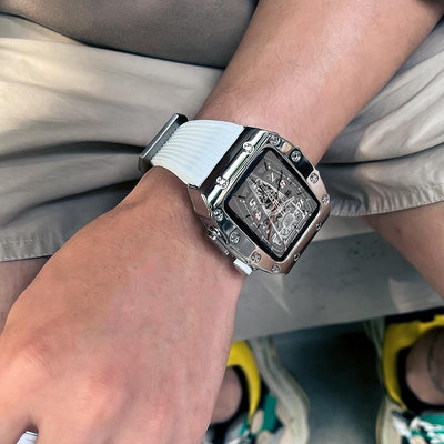 天極TJ百貨男款RM改裝錶帶 適用 Apple Watch錶帶 S9 8 7 6 SE 5 4代金屬錶帶 44mm/45mm 保護殼