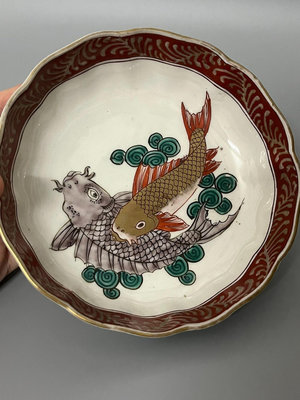 日本回流老伊萬里雙魚缽內繪兩條大錦鯉老果子缽可以當壺
