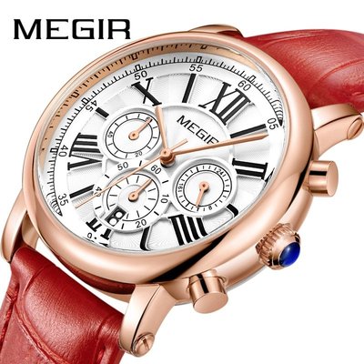 美格爾/MEGIR正品女錶 復古多功能計時潮流  真皮時尚手錶  真三眼防水女士石英表 日曆顯示 美格爾2058