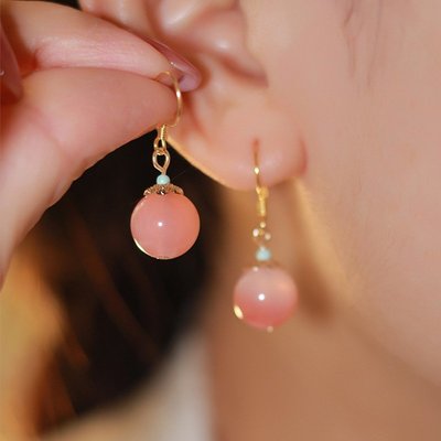 925純銀桃花諾緋紅瑪瑙吊墜耳環粉色獨特氣質復古耳鉤耳飾女DQ025