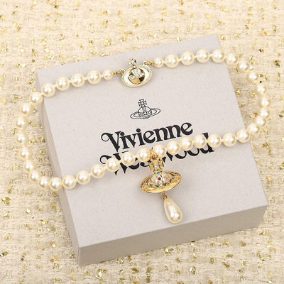 小Z代購#Vivienne Westwood 西太后土星水滴珍珠吊墜項鏈金色珍珠頸鏈 長度35公分 編號4235