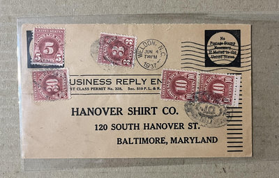 1937年美國欠資廣告封  貼48分欠資郵票   美國郵票