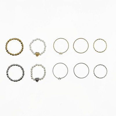 韓國 金屬 珍珠 愛心 一組五入 雙色 精緻 彈性繩 戒指