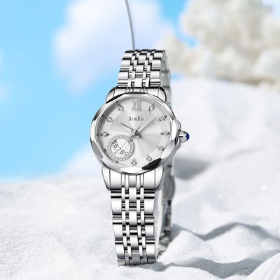 手錶新款時尚氣質女石英表雙日歷夜光女士手表防水鋼帶腕表