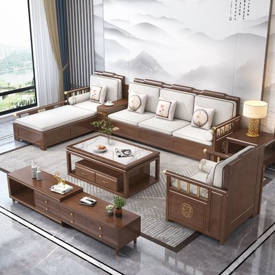 【現貨】迪美爾現代新中式實木沙發客廳小戶型家用簡約貴妃沙發組合質家具