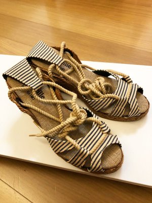 西班牙Gaimo 西班牙製手工 海洋風 藍白條紋 麻草編楔型底涼鞋