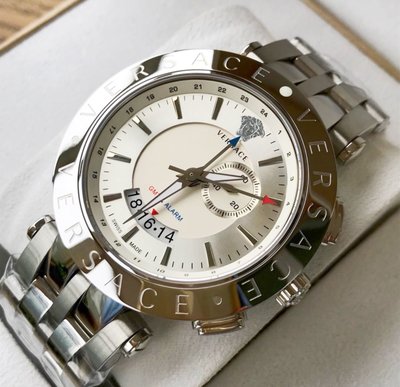 VERSACE V-Race GMT Alarm 白色面錶盤 銀色不鏽鋼錶帶 石英 男士手錶 29G99D001S099 凡賽斯腕錶