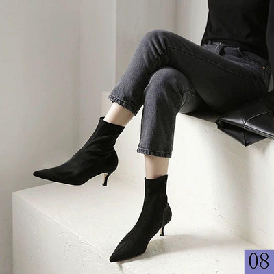 新款秋冬季高跟女鞋尖頭細跟短靴黑色彈力瘦瘦襪靴馬丁靴性感代發
