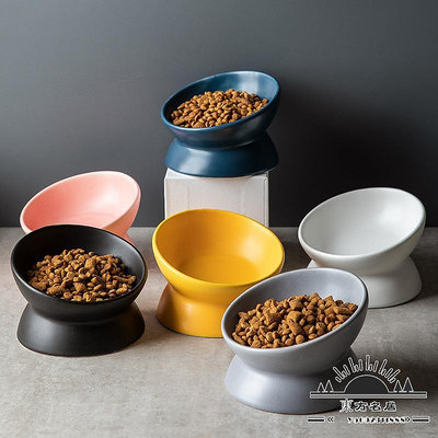 貓碗陶瓷貓食盆保護頸椎斜口碗防黑下巴碗防打翻可愛寵物碗貓咪碗.